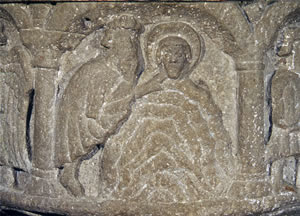 Baptism of Jesus, Knislinge church, Sweden, baptismal font from 12th century.